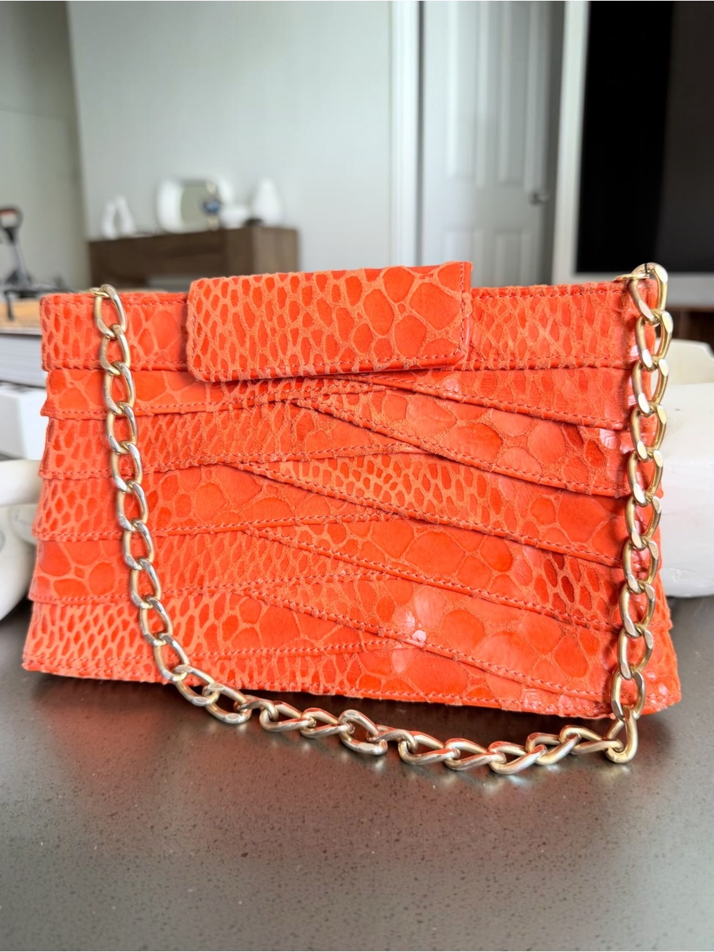 Inge Christopher Orange Reptile Embossed Leather Chain Shoulder Bag